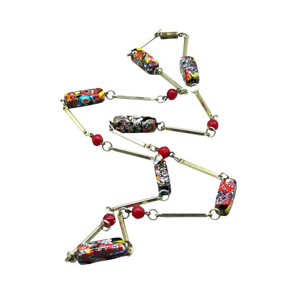 Vintage Red Millefiori Murano Glass Necklace Station Beads & Gold Tone Links - Picture 1 of 6